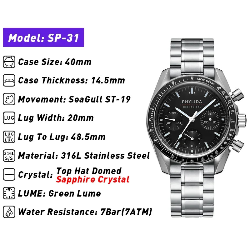 PHYLIDA 40mm Men’s Mechanical Chronograph Watch Black Dial Stainless Steel