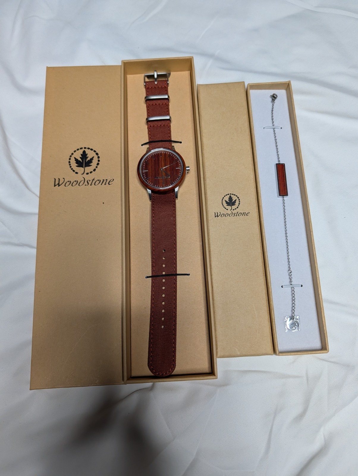 Woodstone Analog Quartz Wristwatch Woodgrain Brown Dial, Leather Strap, Box
