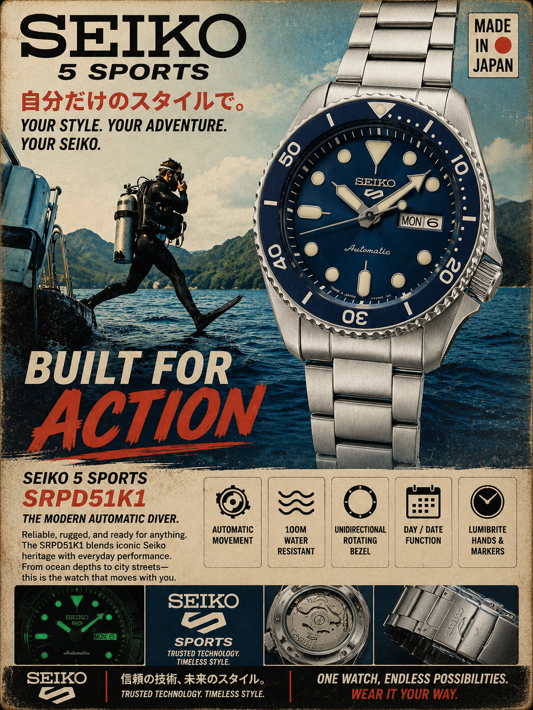 Seiko 5 Sports Blue Men’s Watch – SRPD51