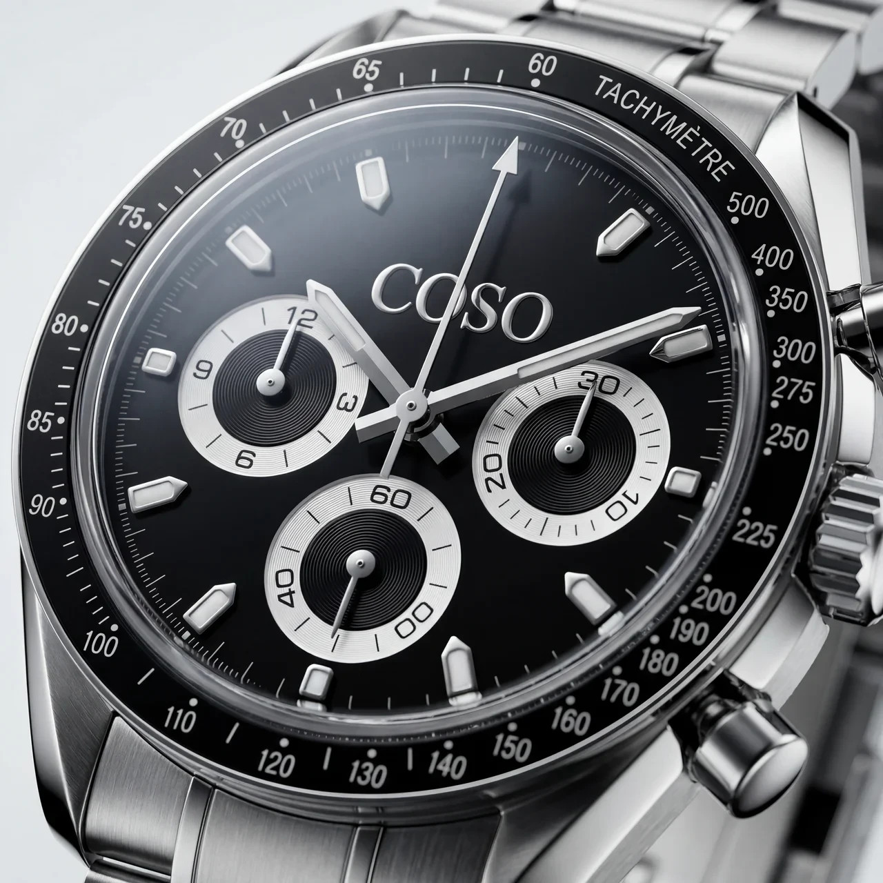 COSO Torvex Chronograph Watch Black Dial White Sub-dials Silver Steel Bracelet
