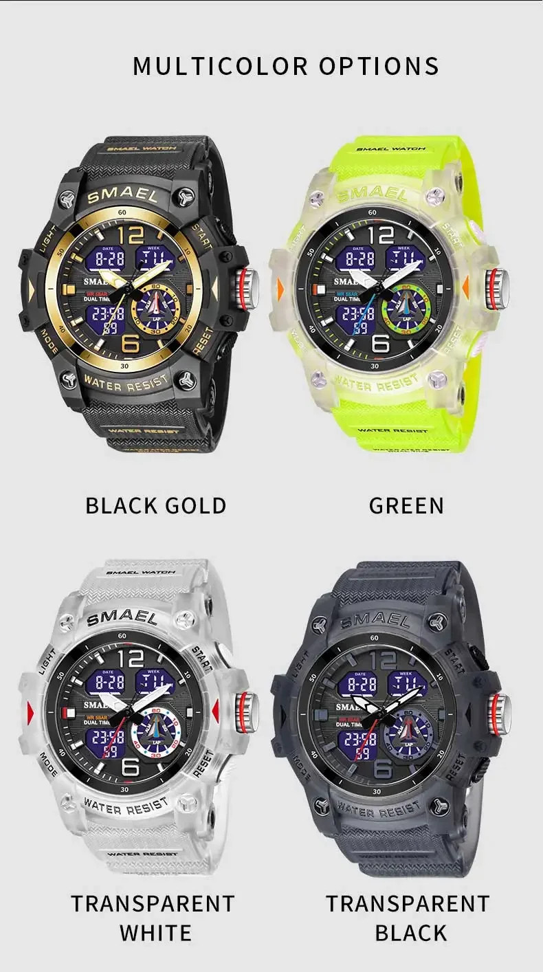 8007 Men’s Outdoor Transparent Dual Display Waterproof Luminous Watch
