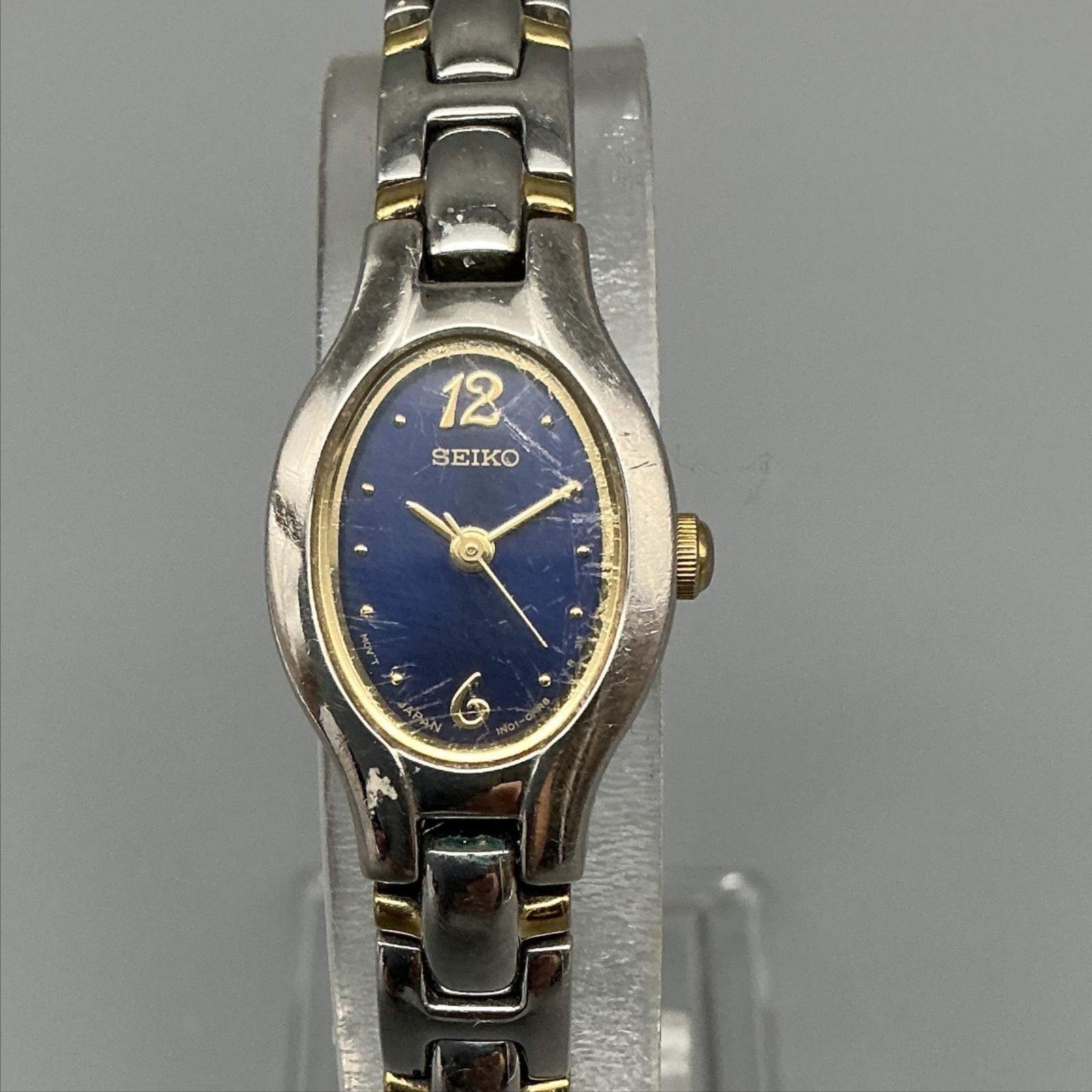 Seiko Womens Watch 17mm Blue Oval Dial Two Tone 1N01-0CT0 New Battery 7.5″