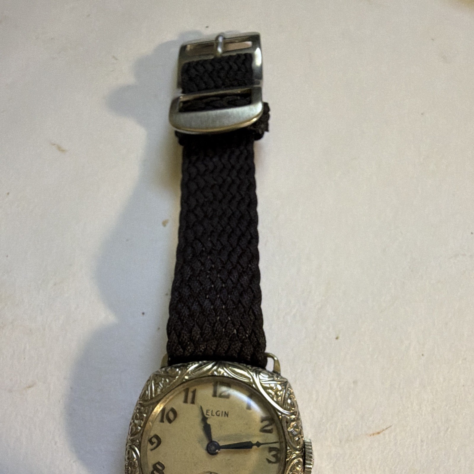 Elgin Vintage Art Deco Mechanical Small Seconds White Arabic Dial Black Nylon