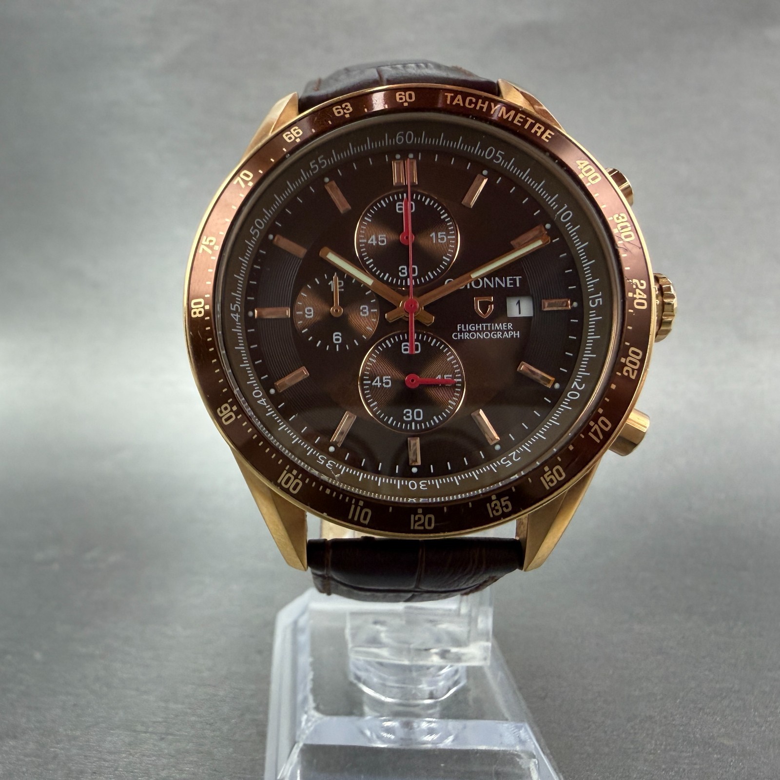 Guionnet Flighttimer Chronograph Watch Men 42mm Brown Dial Rose Gold Date NewBat