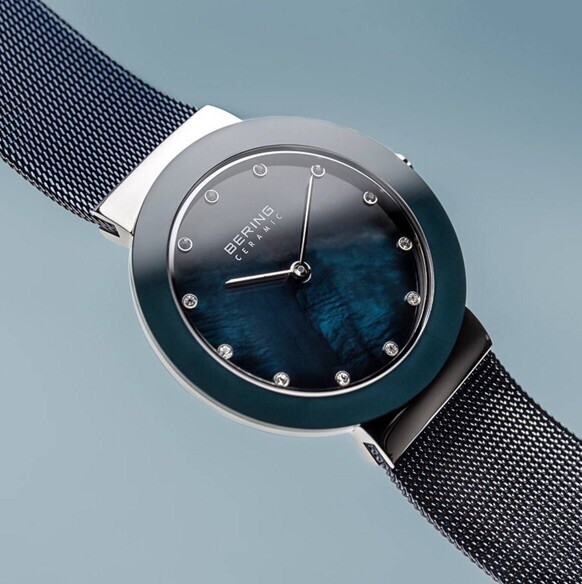 New! Bering Time Ceramic Polished Silver Stainless Steel Blue Watch 11435-387