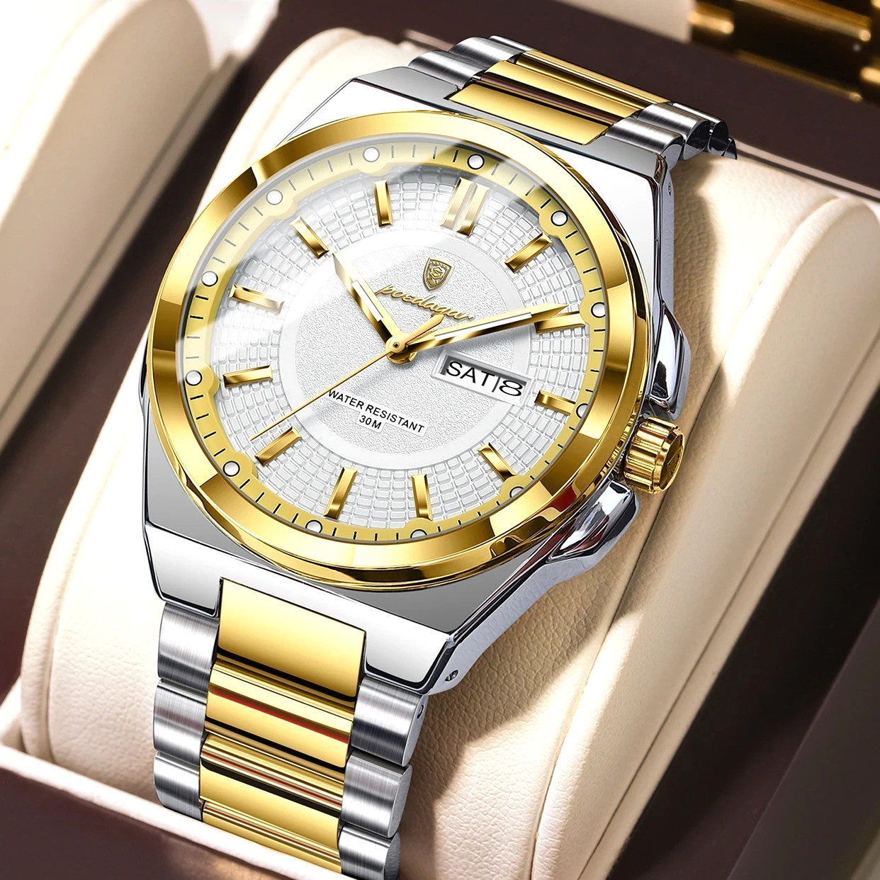 43MM POEDAGAR Quartz Watch Day-Date Men’s Stainless 30M Waterproof Luminous NEW