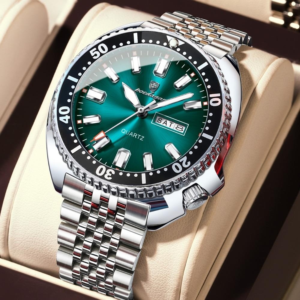 POEDAGAR Men Date Week Waterproof Luminous Casual Stainless Steel Quartz Watch