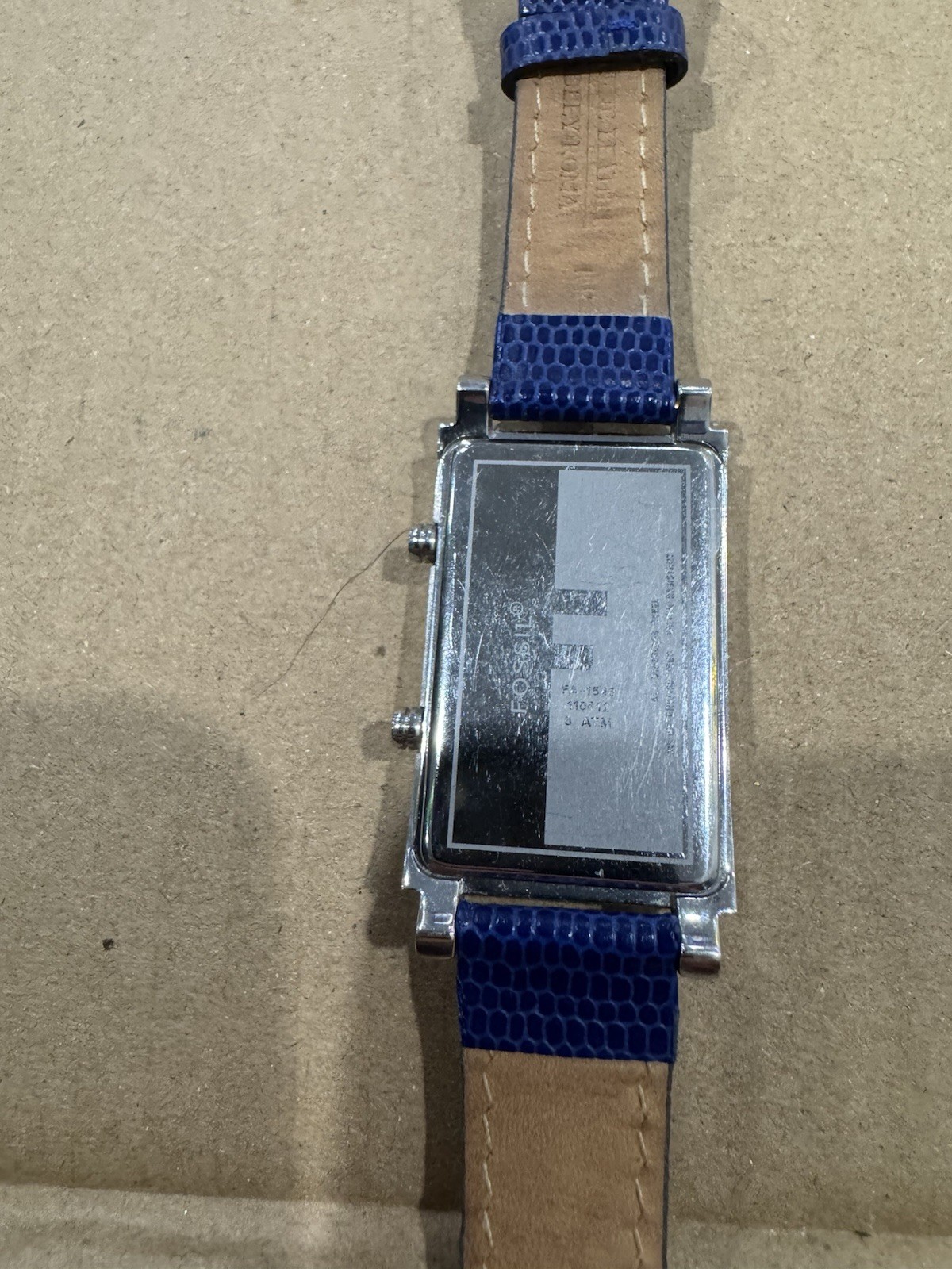 Fossil Women Dual Quartz Rectangular Gem-Set Bezel Blue Leather Strap 25mm