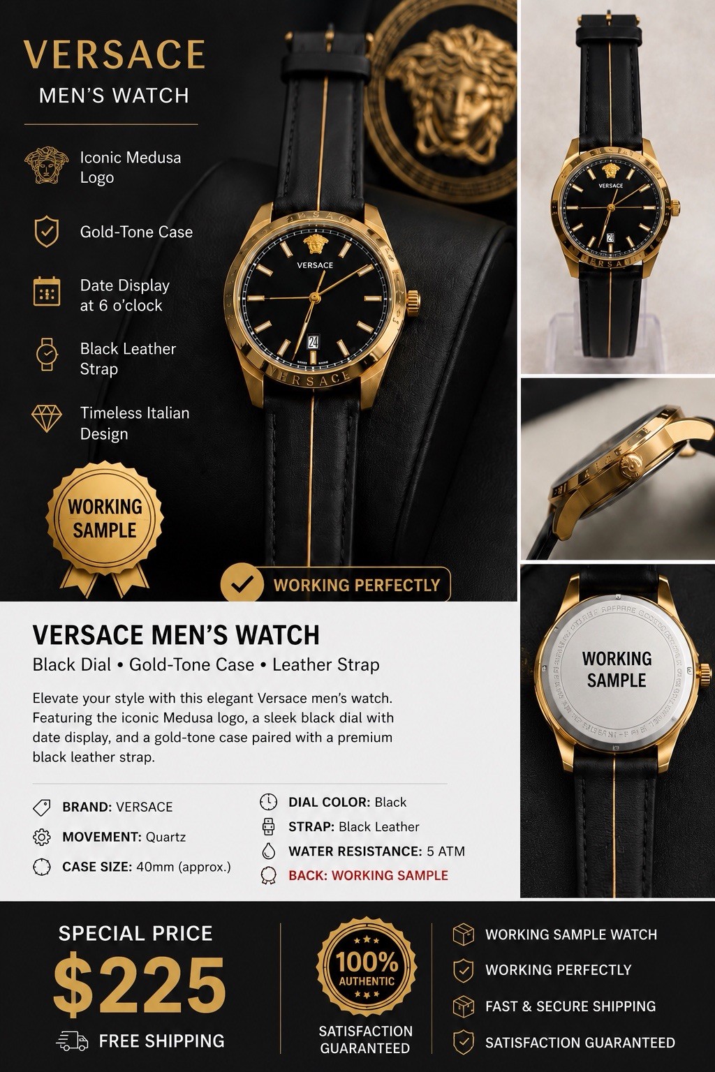 Versace Men’s Quartz Watch Black Dial Gold Case Black Leather Strap Date 50m