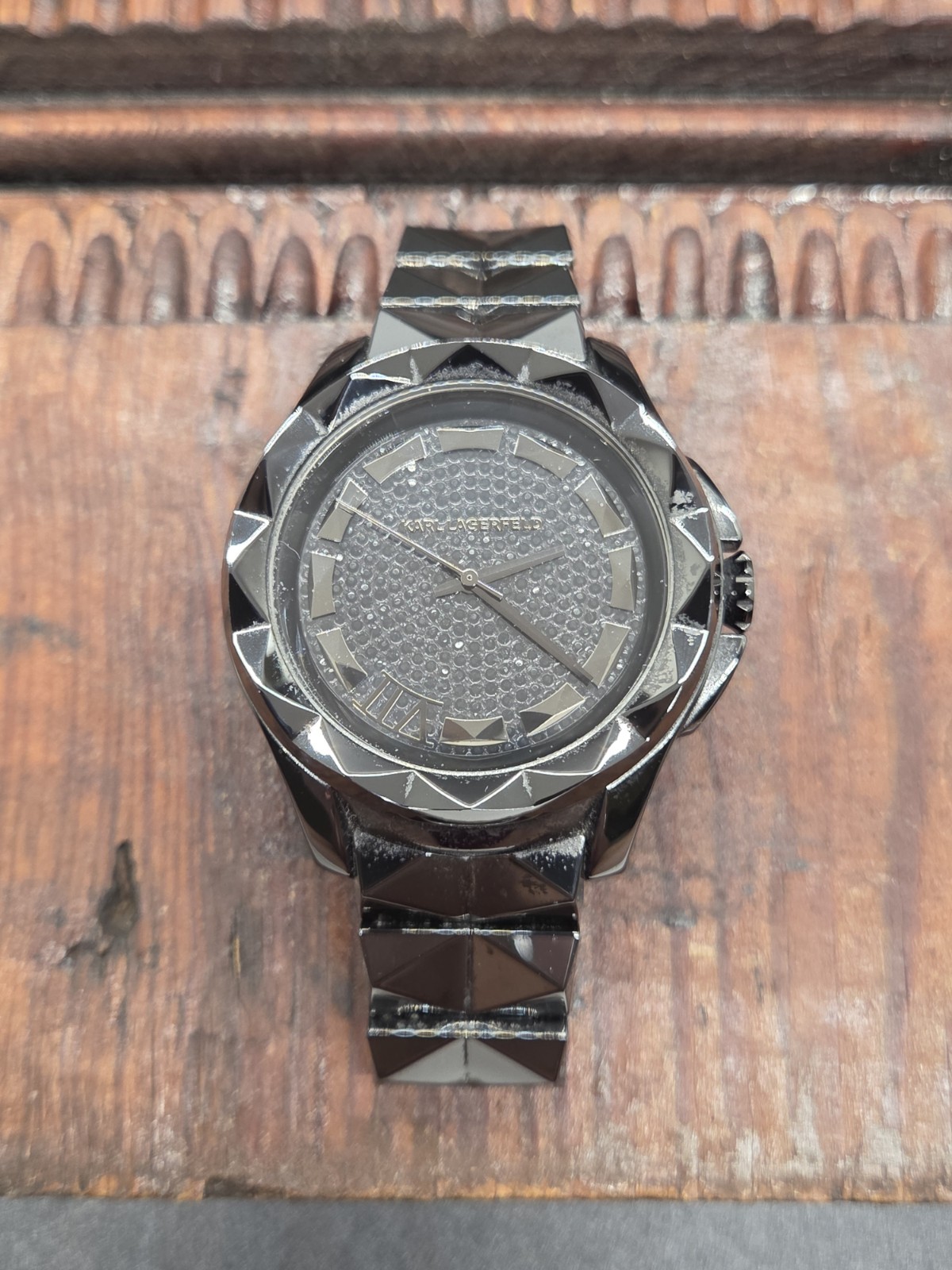 Rare Karl Lagerfeld Stainless Black Pyramid Stud Analog KL-1027 Watch AS IS