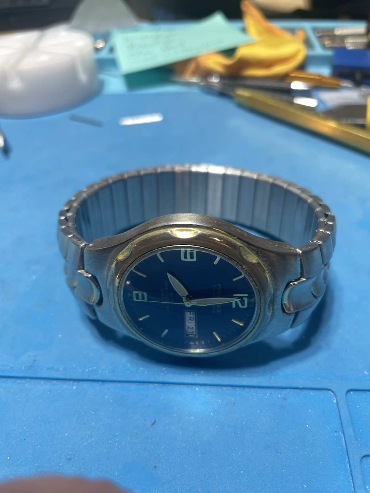 Prestige by Waltham Quartz Watch Blue Dial Speidel Stretch Band New Battery