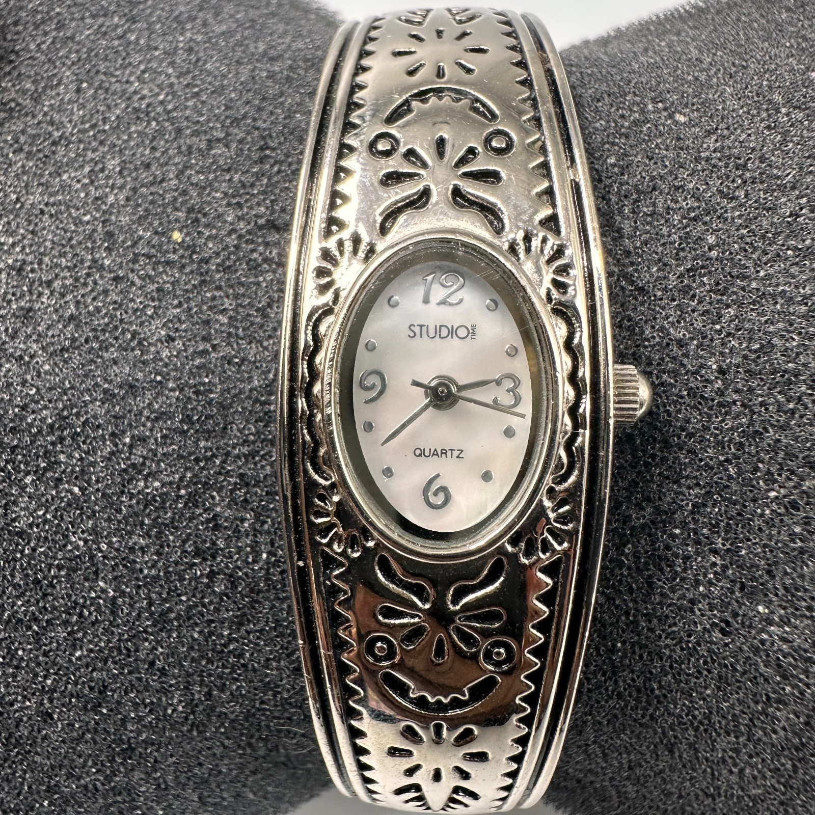 Studio Time Watch Women Silver Tone Etched Filigree Band New Battery 6.75″