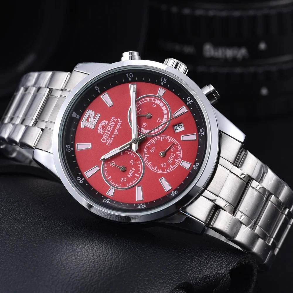 Orient Watch Men’s Quartz Chronograph Red Dial Stainless Steel Band Waterproof