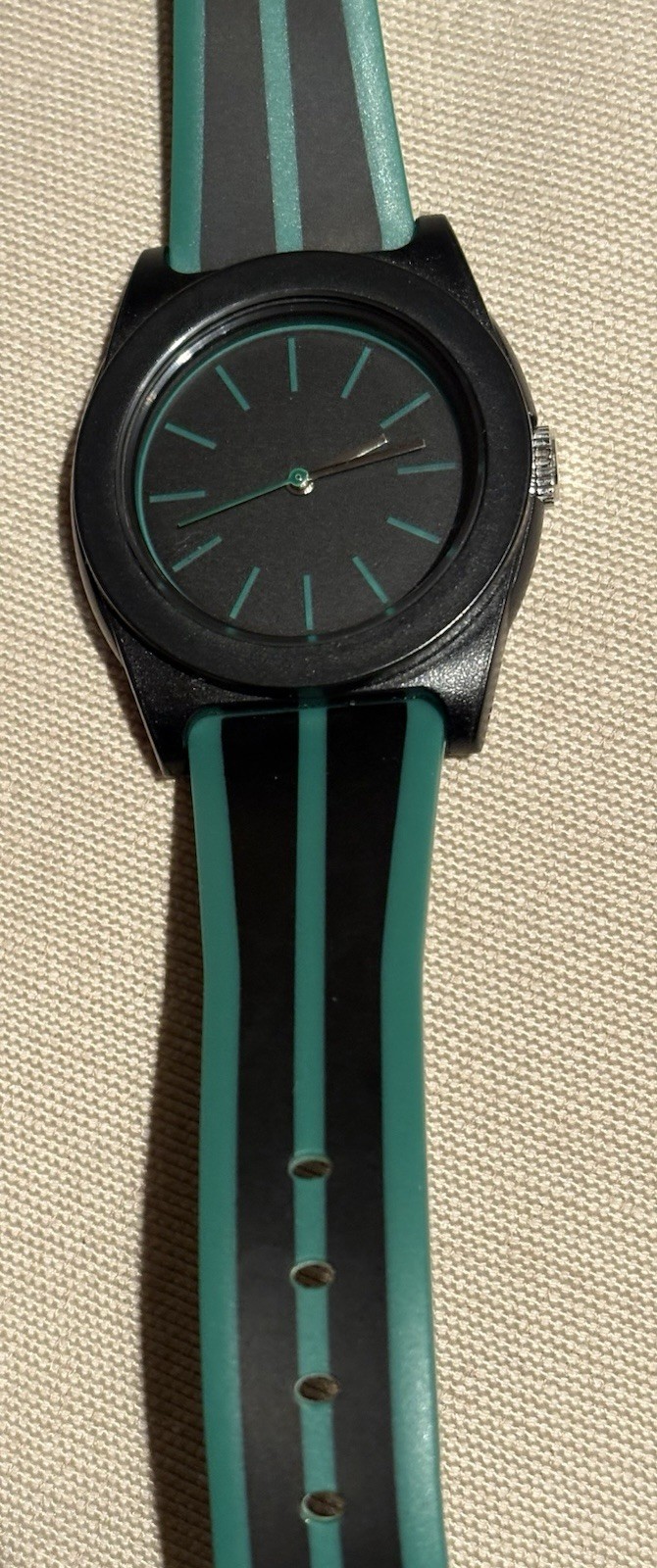 Green Dial Black Case Black /Green Stripe Silicone Band Watch 9 Inch New Battery