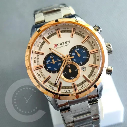 CURREN Chronograph Watch Men’s Silver Rose Gold Stainless Steel 47mm