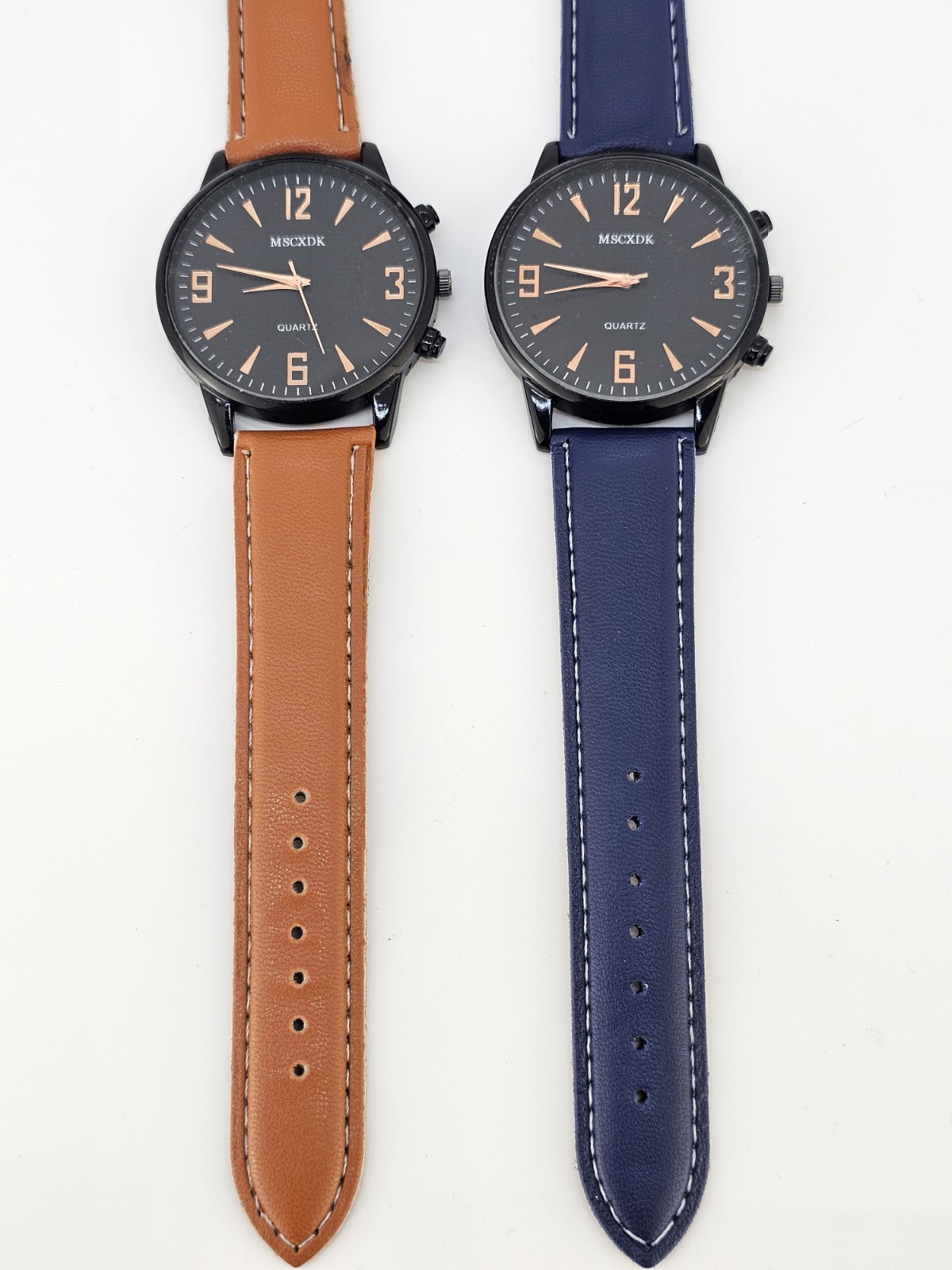 2X Men’s Analog Watches 40MM Black Dial Brown Blue Faux Leather Band New Battery