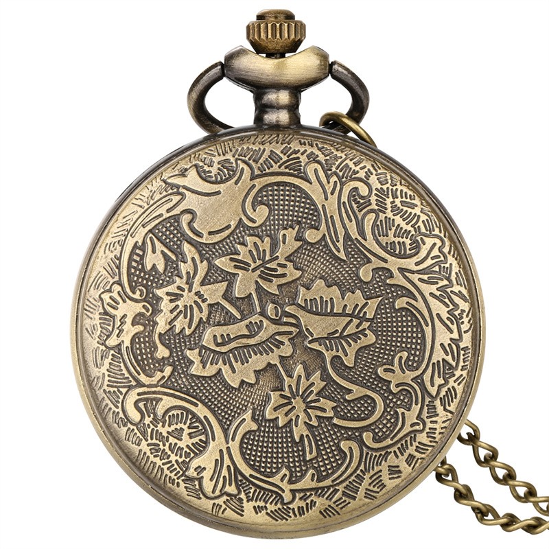 Bronze Rose Flower Pocket Watch for Women Quartz Movement with Necklace Chain