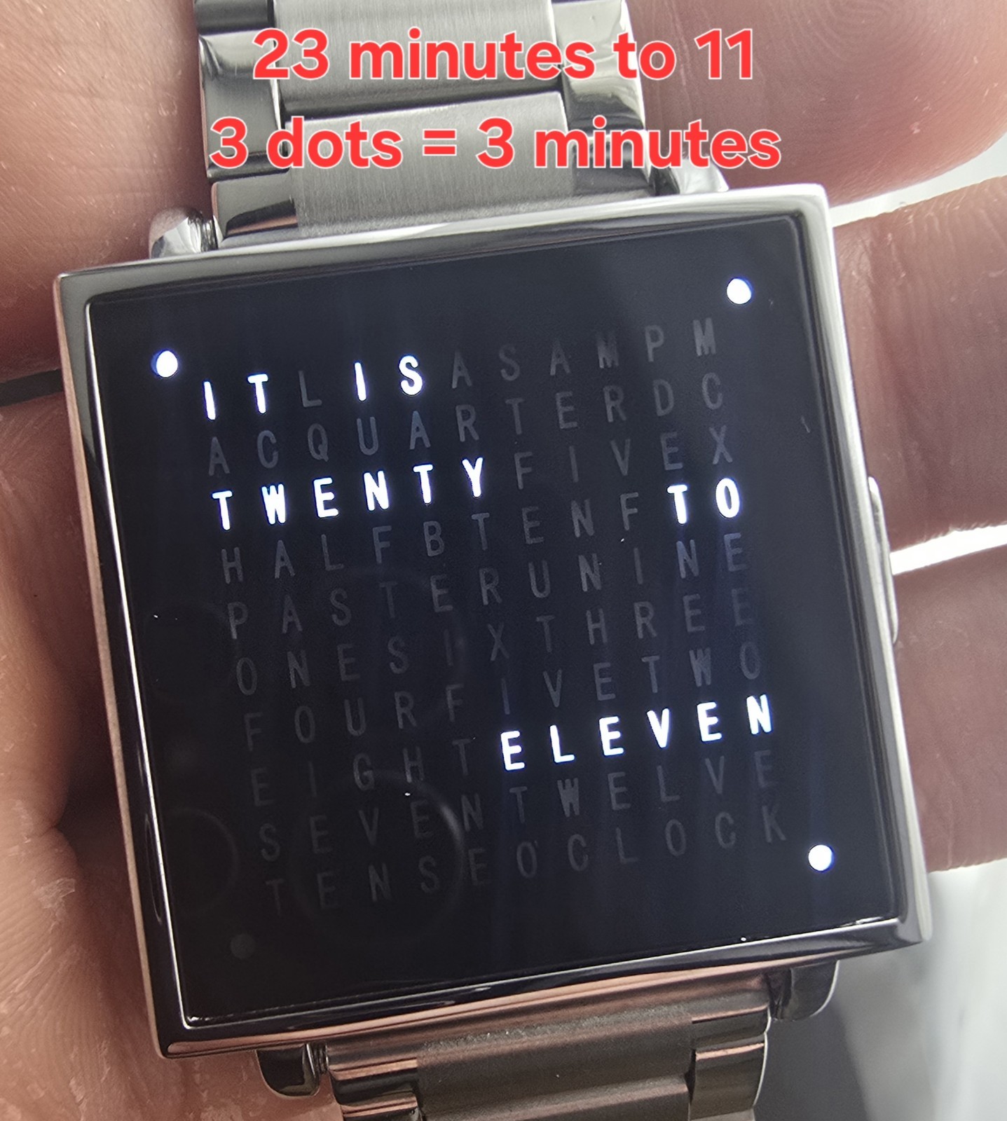 Silver QlockTwo Inspired Word LED Text Display Stainless Steel Watch