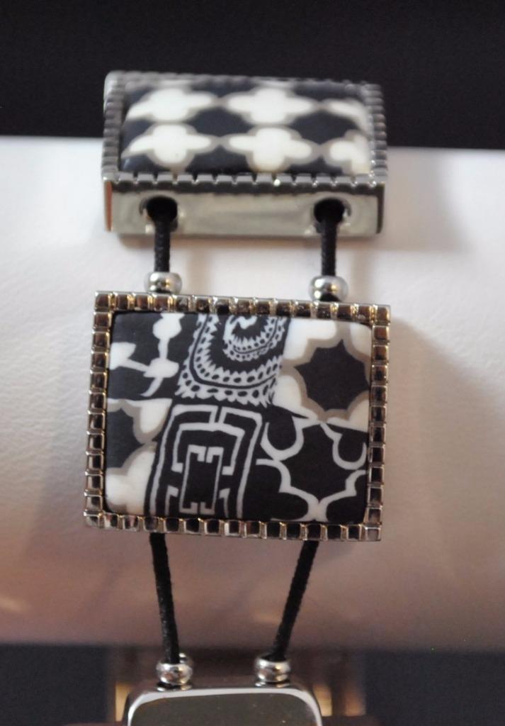 Jilzarah Black White Square Watch Polymer Clay Inlays Stretch Band Artisan