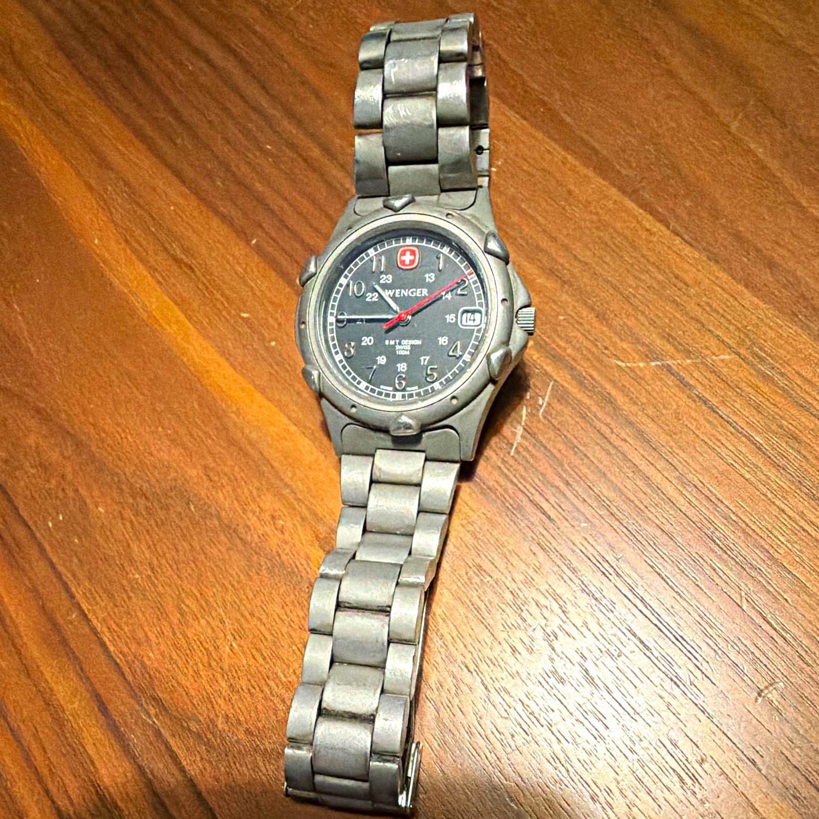 Wenger Swiss Military Quartz Men’s 37mm Watch Black Dial Date 100m Gray Bracelet