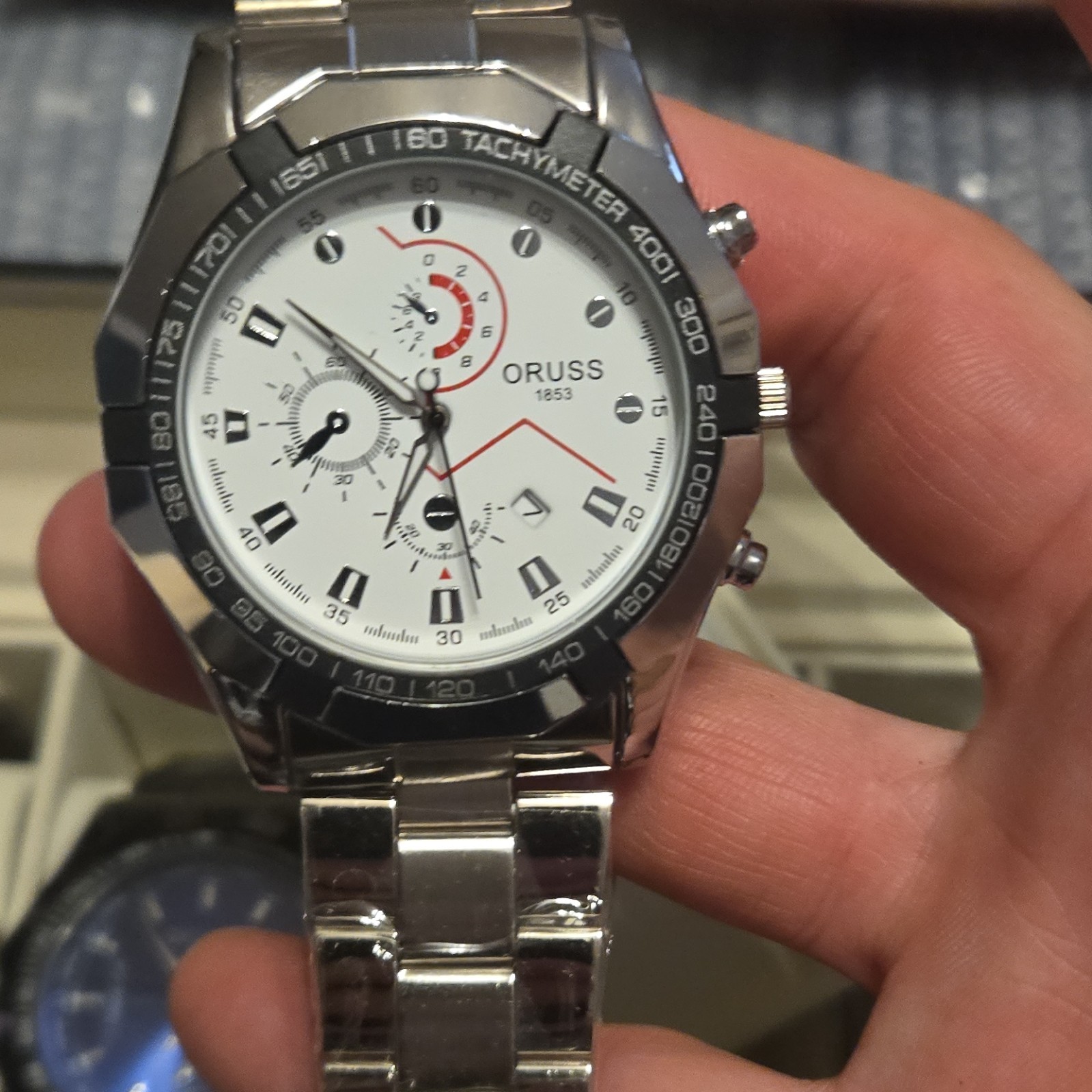 ORUSS 1853 Men’s Quartz Chronograph Tachymeter Date White Dial Silver Bracelet