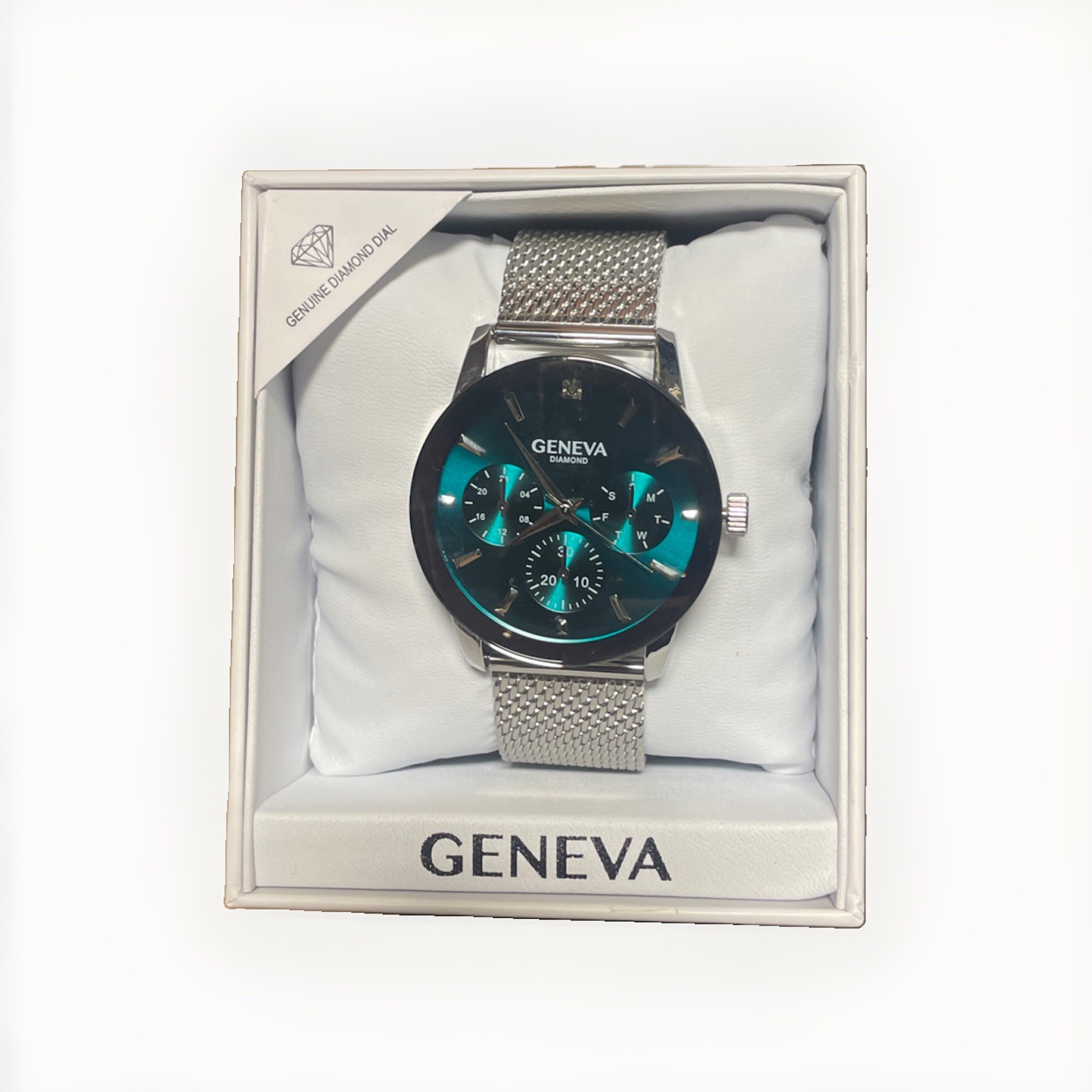 Geneva 42 Mm Silver Tone Diamond Accent Mesh Watch, Men’s, Teal Dial face-