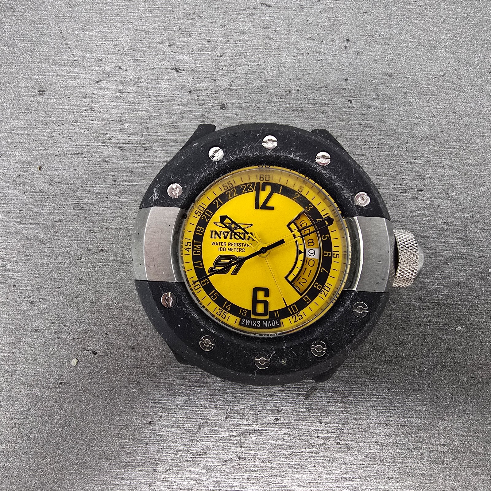 Invicta Rally S1 GMT Watch Men 52mm Yellow Dial Black Tone Date 6845 READ NewBat
