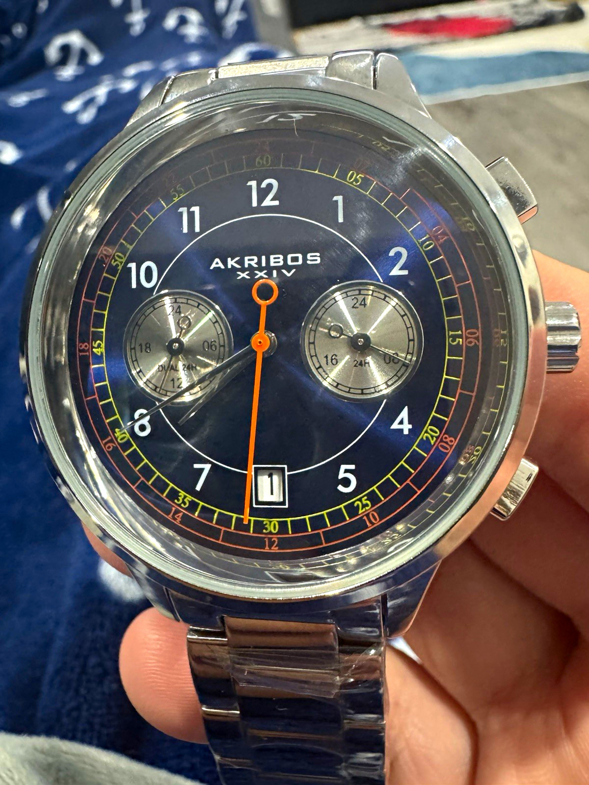 Akribos XXIV Quartz 30m Blue Dial 24-Hour Date Silver SS Bracelet 48mm