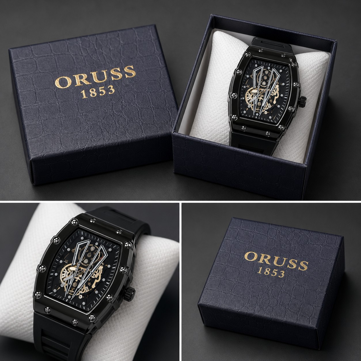 Luxury Skeleton Dial Men’s Watch ORUSS 1853 Black Stainless Steel Blue Face