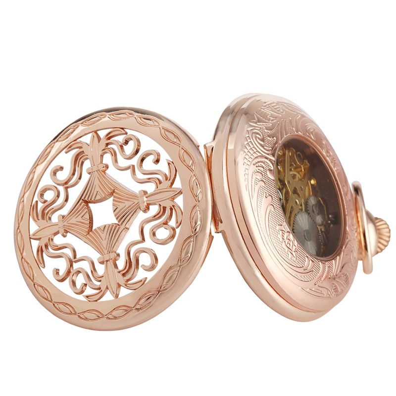 Steampunk RoseGold Skeleton Mechanical Pocket Watch Roman Dial Wedding Gift