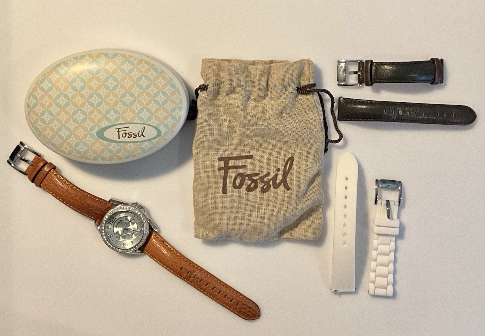 FOSSIL Watch ES-2344 Crystal White Rubber SILVER DIAL (NEL1161).