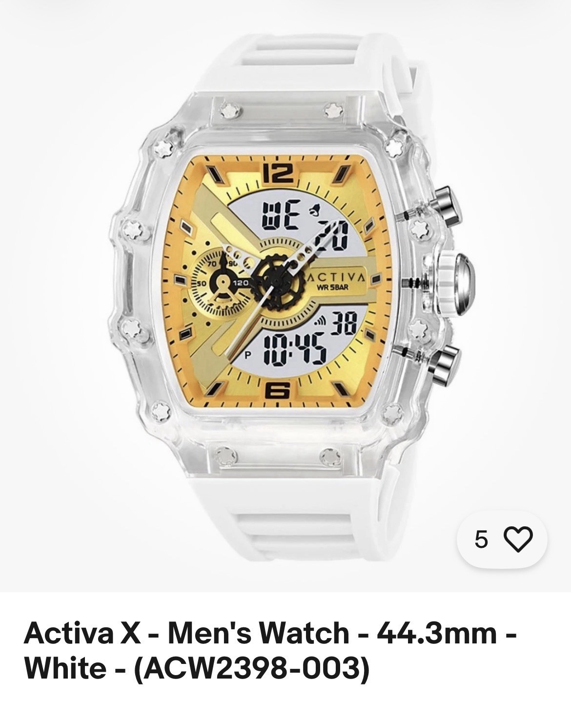 Activa X Men’s Quartz Analog-Digital Watch 44.3mm Gold Dial White Strap 50m