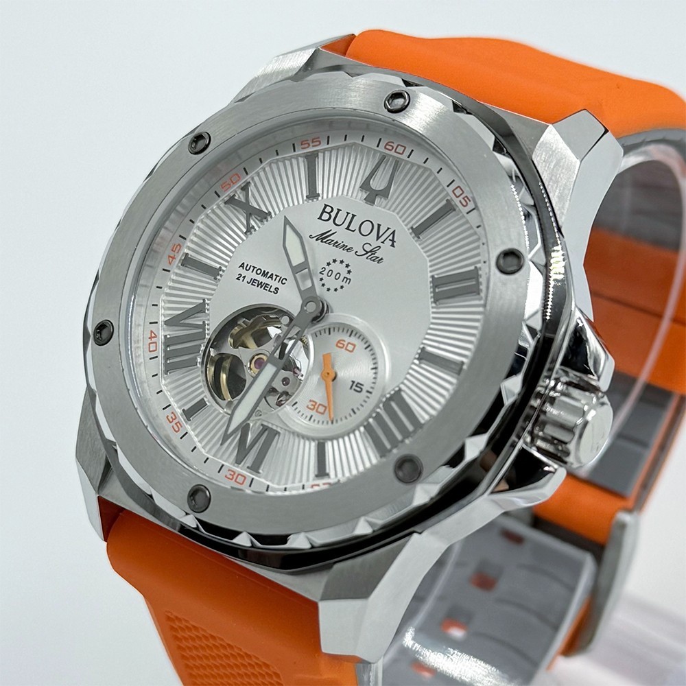 Bulova Men’s Marine Star Automatic White Dial Orange Rubber Strap Watch 98A226