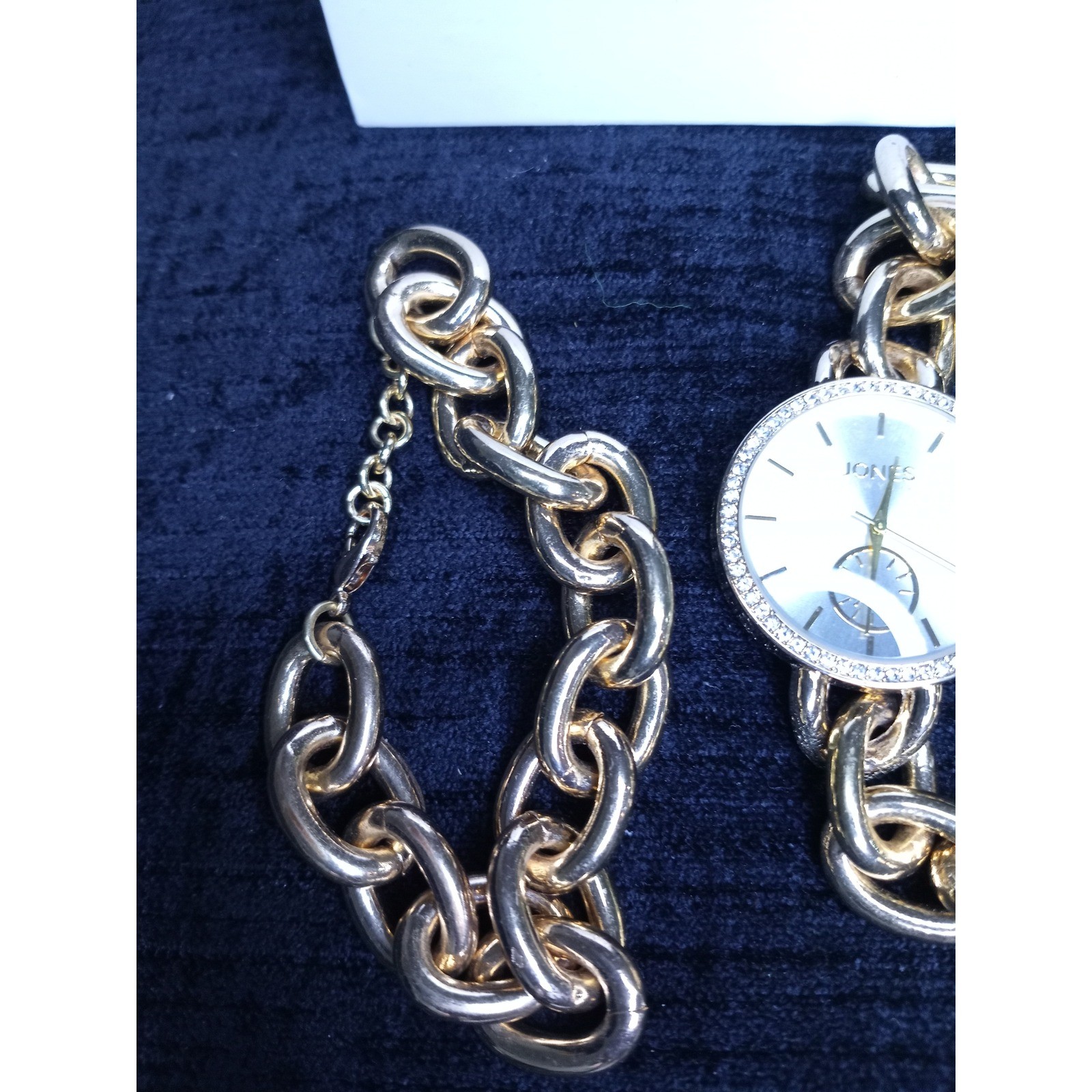 Jones New York Gold Tone Chunky Chain Watch and Bracelet Set Crystal Bezel Boxed