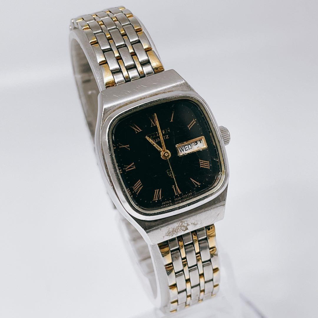 Citizen Quartz Day-Date Two-Tone Black Wristwatch Japan Working 071772