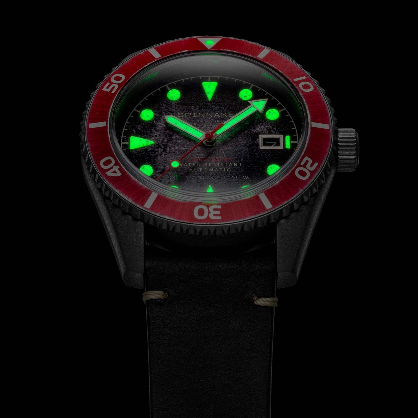 Spinnaker Wreck Red Ring & Gray / Leather | Black Dial 44mm Japanese Automatic W
