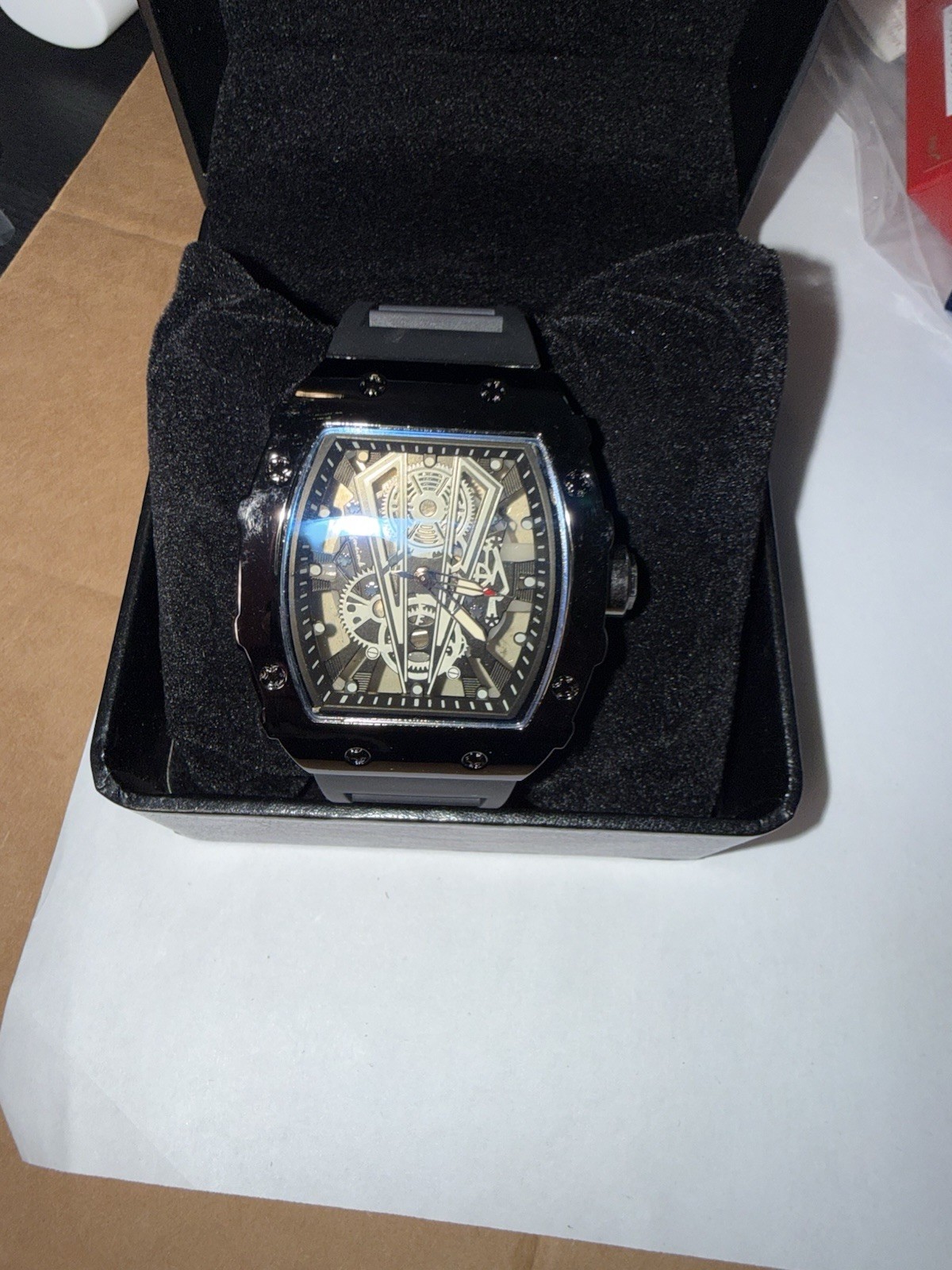Tonneau Skeleton Analog Wristwatch Black Case Black Rubber Strap w/ Box