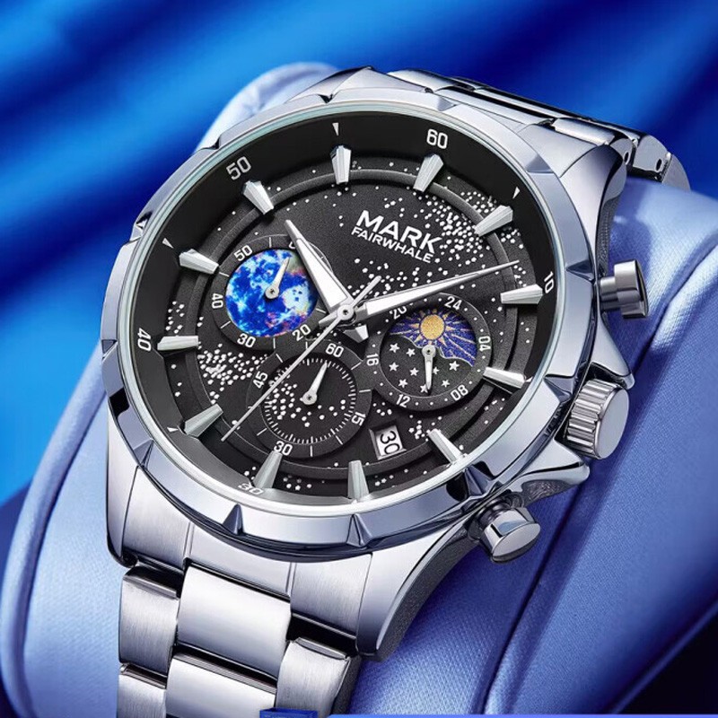 MARK FAIRWHALE Cosmic Stars Moon Phase Calendar Luminous Waterproof Quartz Watch