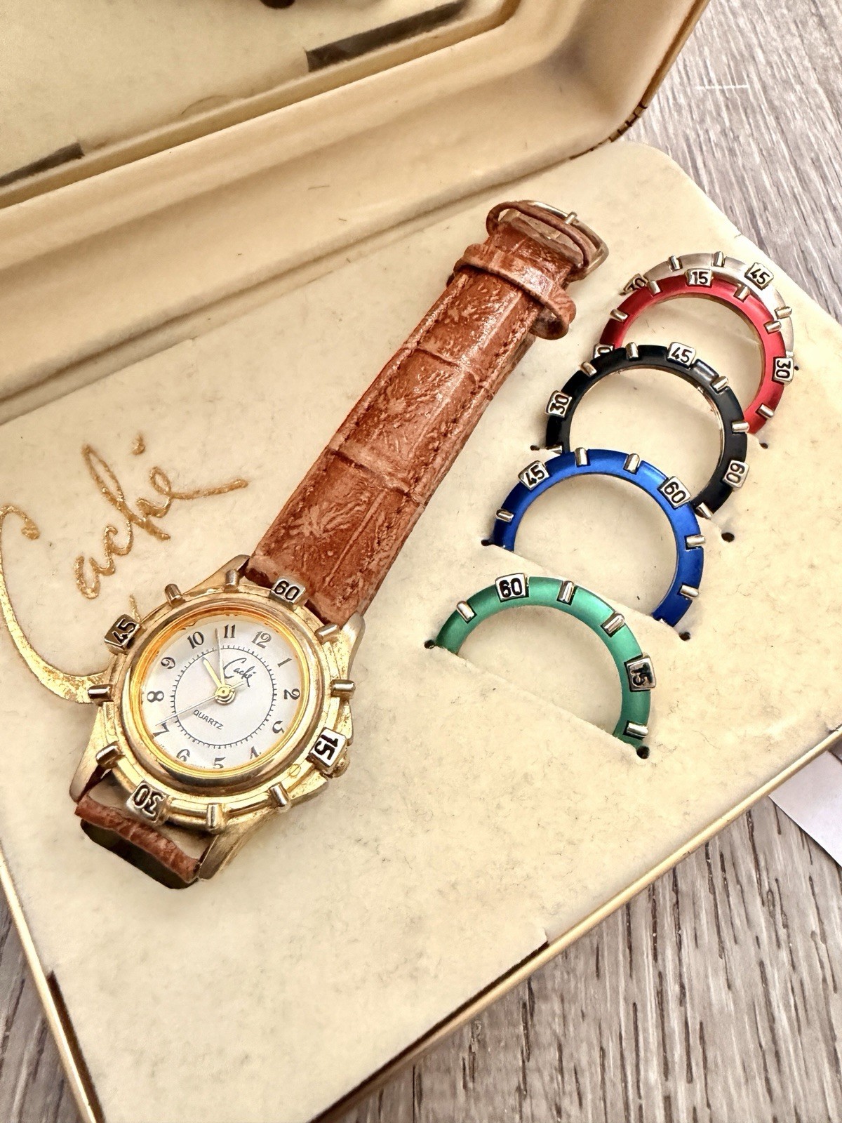 Cache Brown Leather Strap Watch With Bezel Faceplate
