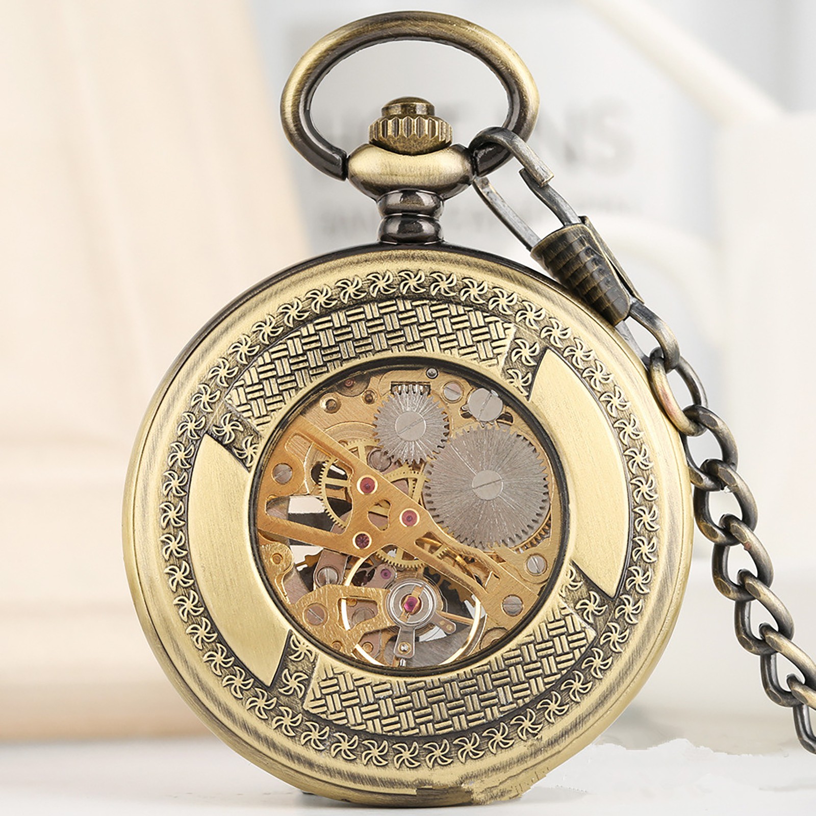 Vintage Mechanical Alloy Skeleton Roman Numeral Double Half Hunter Pocket Watch