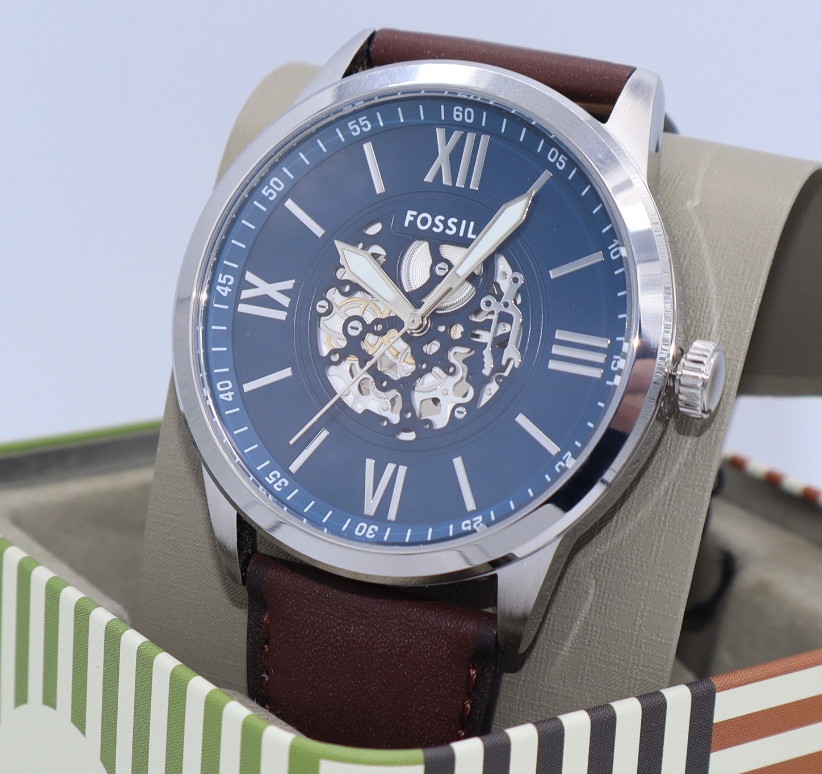 Fossil Flynn Silver Blue Brown Leather Skeleton BQM7128 Mens Watch