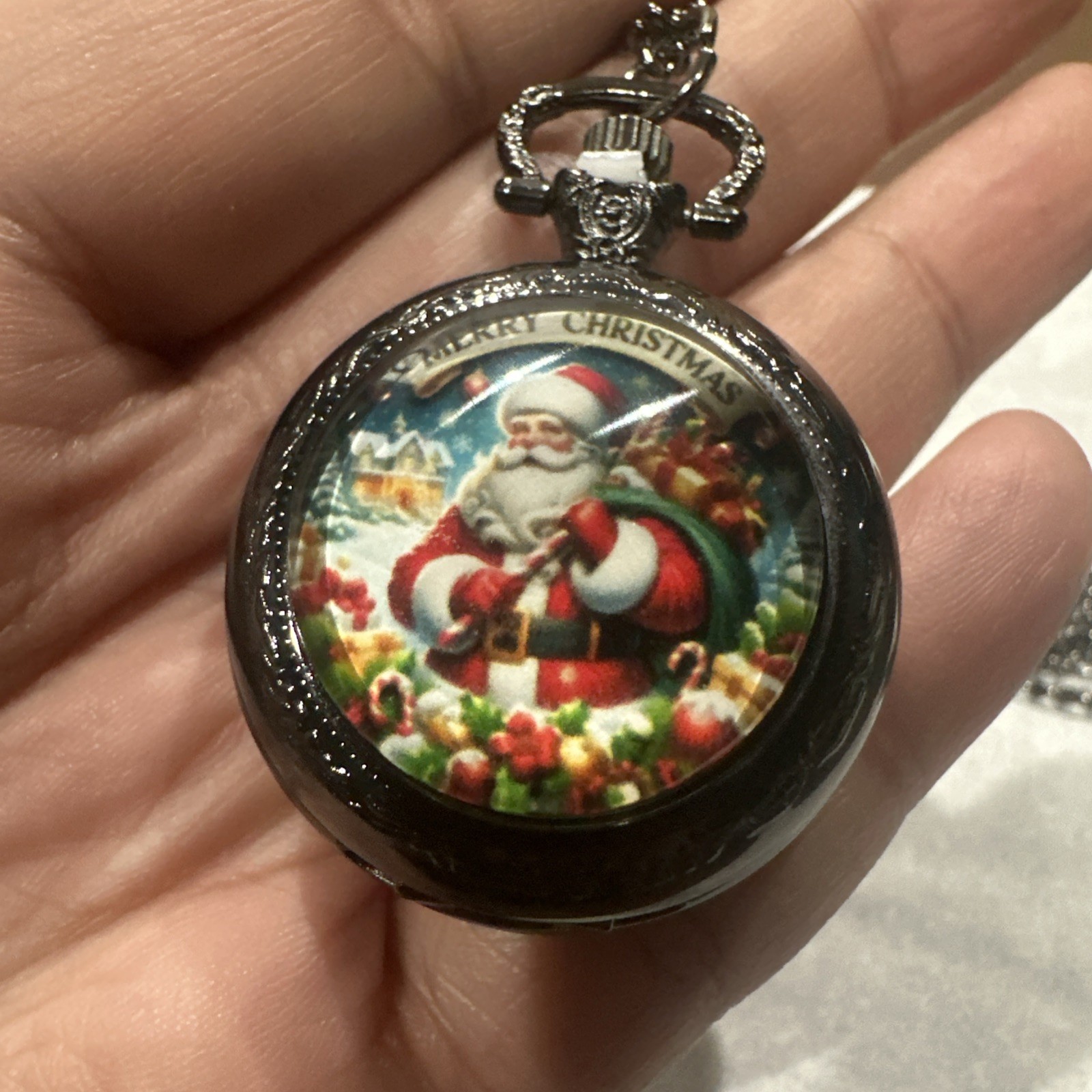 New Santa Claus Pocket Watch Design Black 36mm Quartz Christmas Holiday Gift USA