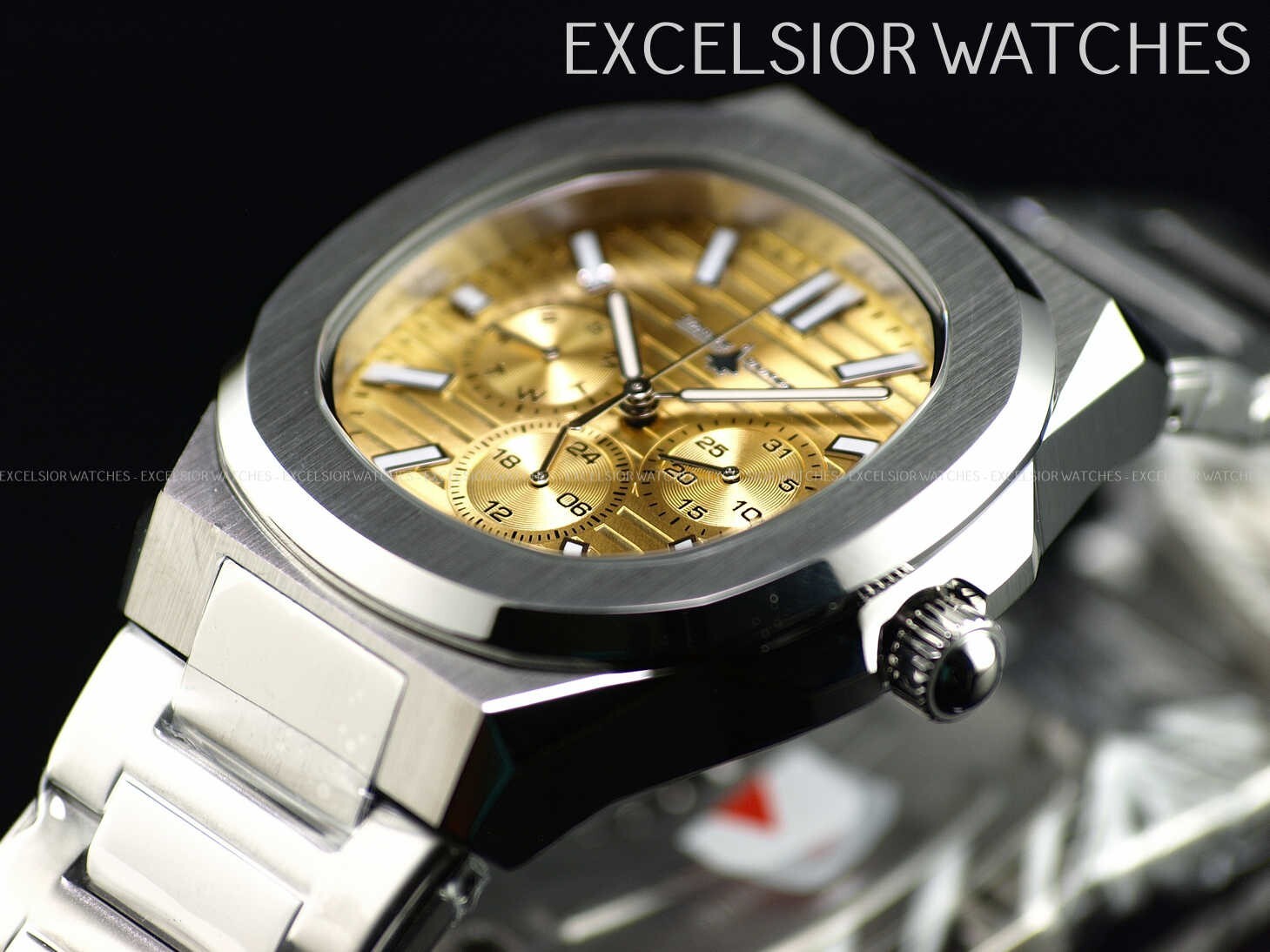 INVICTA CHASE DURER MEN’S 41MM NAUTILUS STYLE DAY DATE QUARTZ TAN DIAL SS WATCH