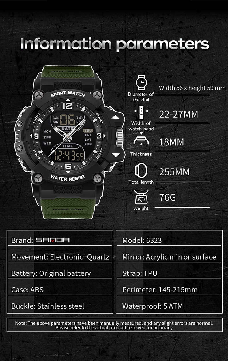Trendy dual display dial multifunctional sports style quartz waterproof watch