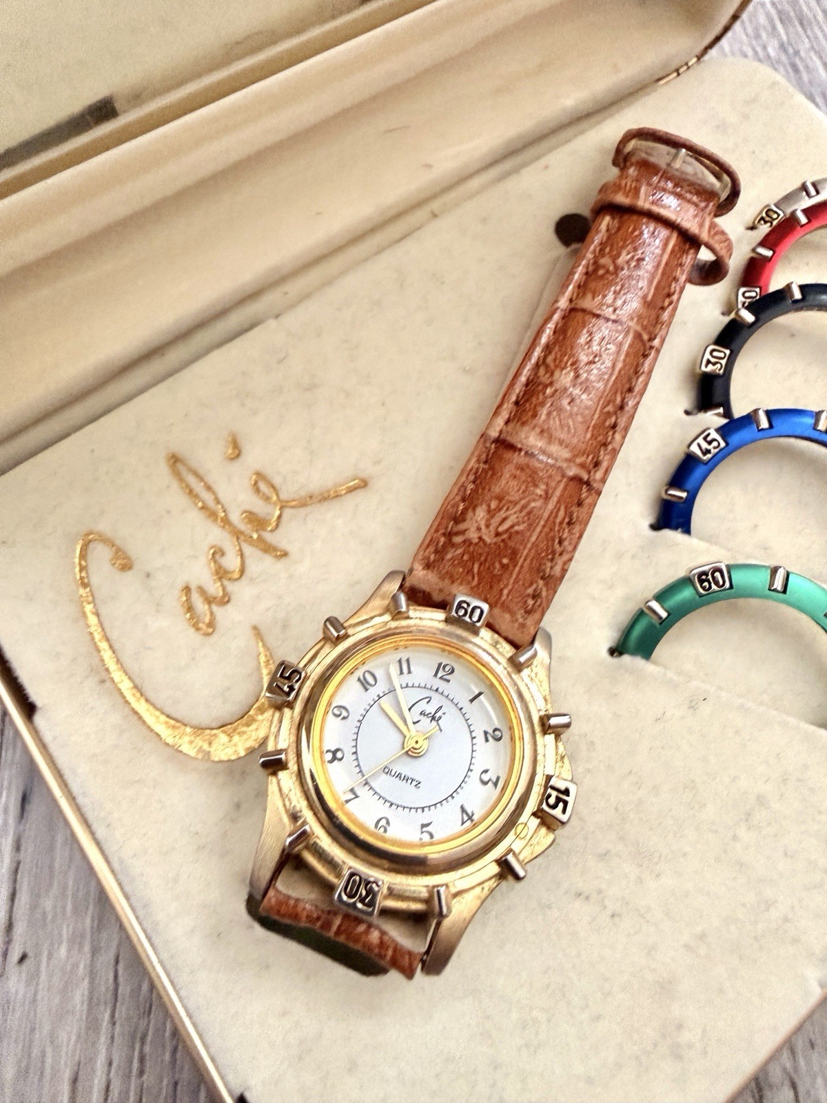 Cache Brown Leather Strap Watch With Bezel Faceplate