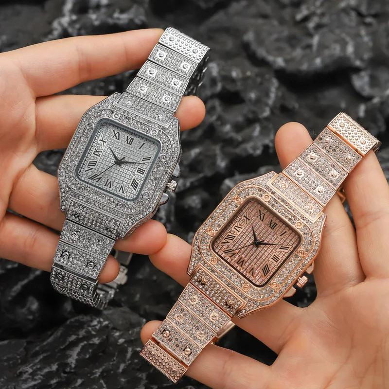 Luxury Men’s Quartz Watch Steel Strap Square Roman Dial Business Wristwatch