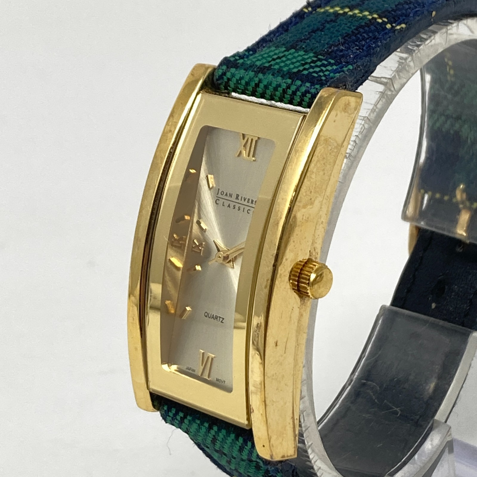 Joan Rivers Classics Tank Watch Women 22mm Gold Tone Plaid Leather New Battery