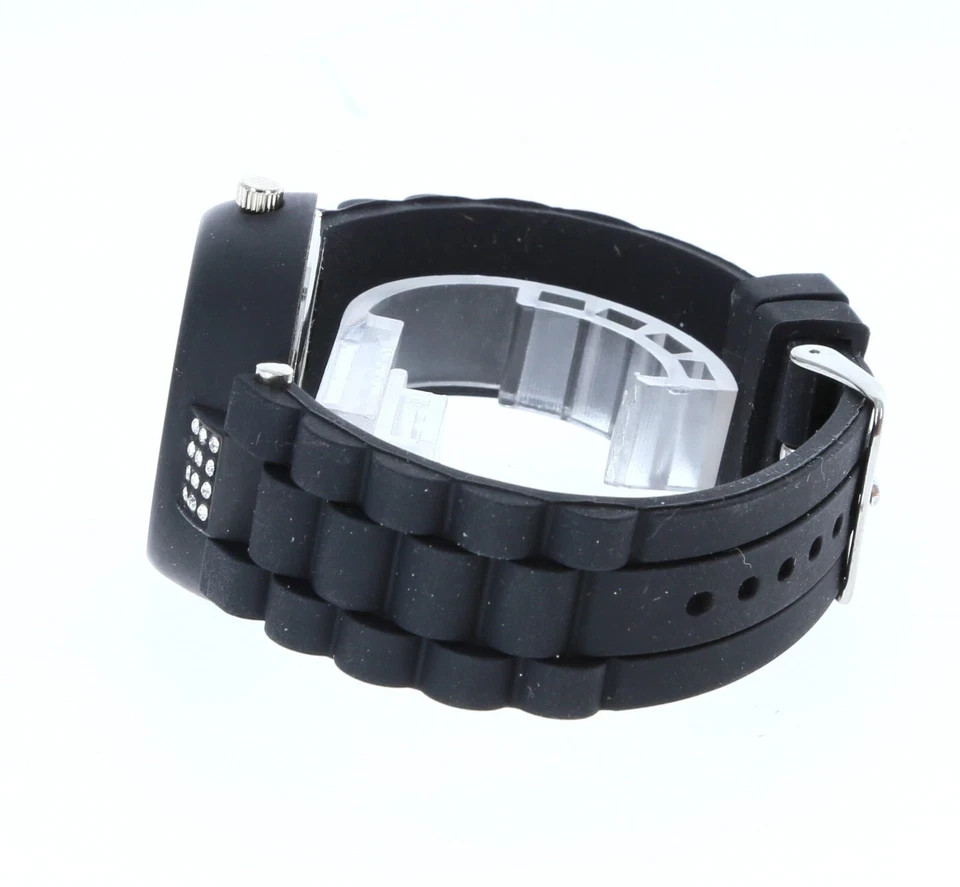 Raynell Qrtz Womens Rhinestones Bezel Black Matte Finish Silicone Band Watch