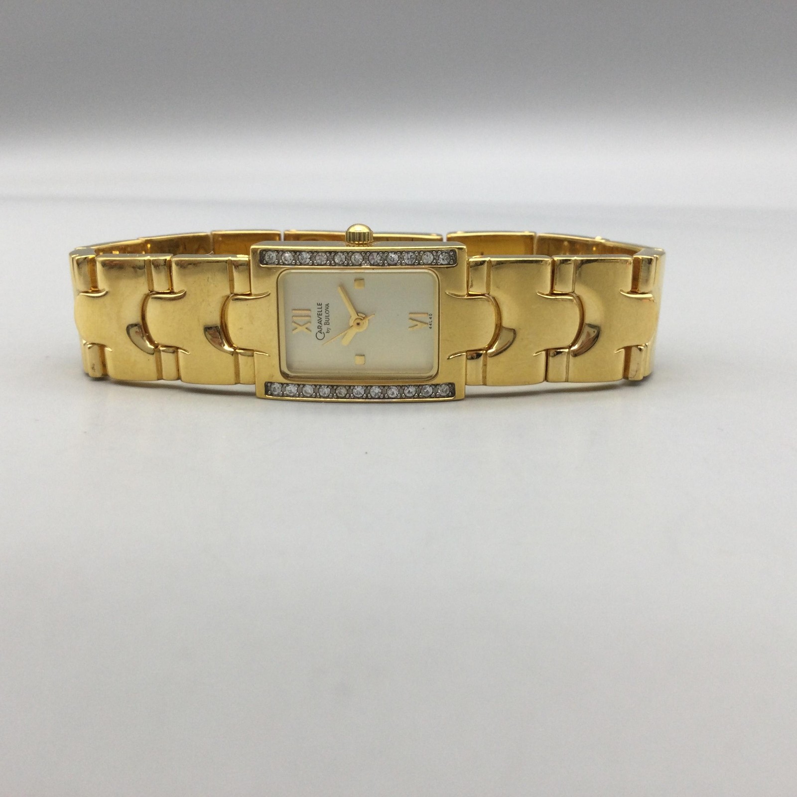 Caravelle By Bulova Womens Watch 17mm Gold Tone Tank Diamond New Battery 6″