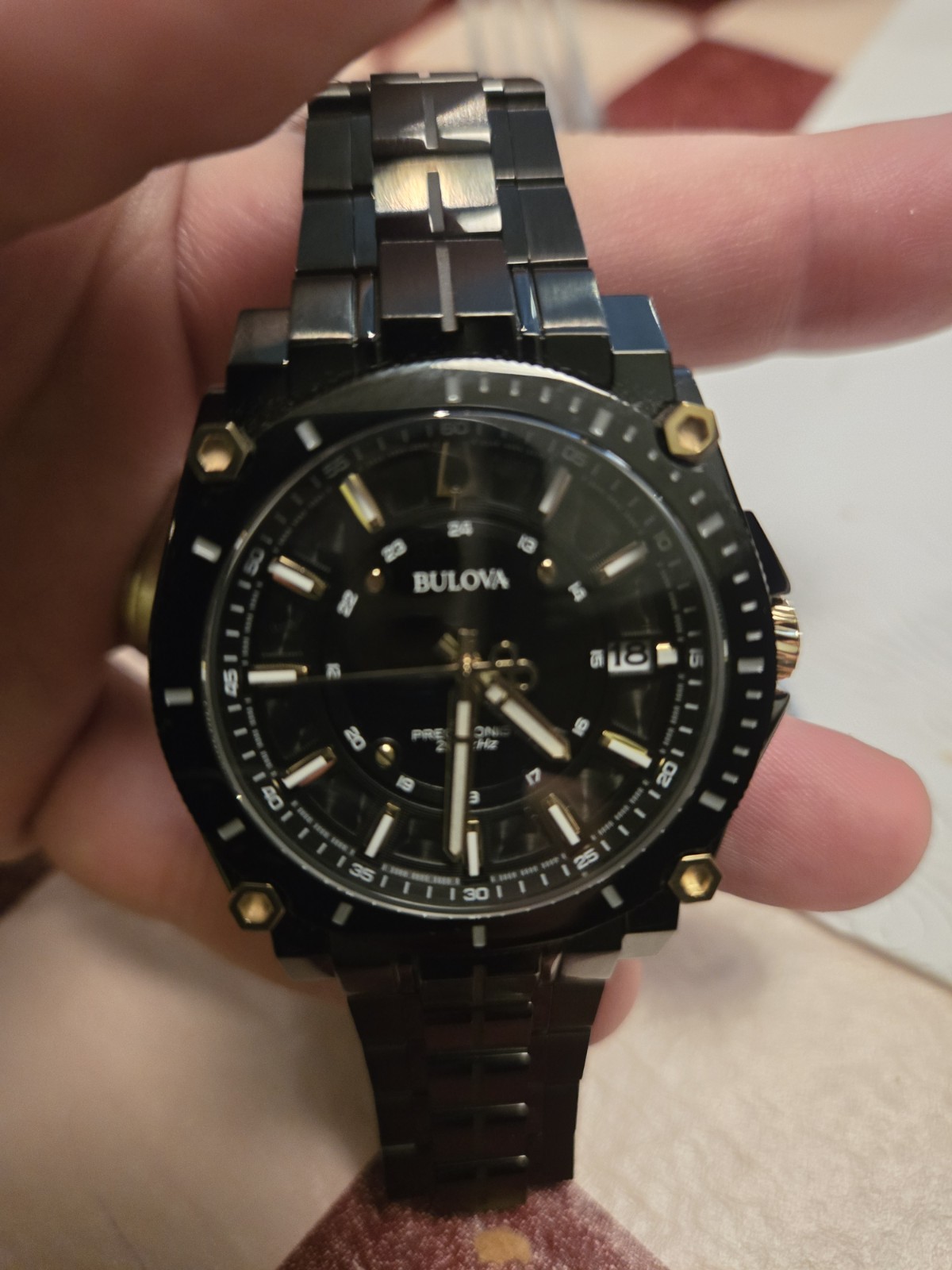 Bulova Precisionist Men’s Quartz Watch Black/Gold Steel 46mm Date 50m Box